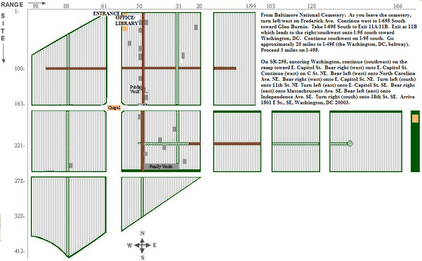 Map of Congressional Cemetery Government Lots. Enter the Congressional Cemetery from E St. The office and library are on the left after entering. The private and community cemeteries that contain NCA soldiers and government lots, and Confederate cemeteries, do not always have staffed offices on site. The National Cemetery Administration has jurisdiction over 806 burial plots located throughout the larger cemetery, including some of the oldest and most significant historic resources maintained by the agency. Congressional Cemetery, including the lots administered by the National Cemetery Administration, was listed on the National Register for Historic Places in 1969, and it was designated a National Historic Landmark in 2011.These government lots are overseen by the Baltimore National Cemetery. Please contact the national cemetery for more information.