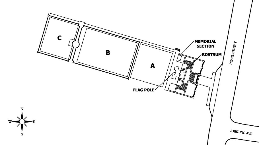 Map of Alton National Cemetery. The entrance to Alton National Cemetery is located at the Rostrum on Pearl Street. Stairs at the rostrum provide access to the flagpole and the memorial sections.