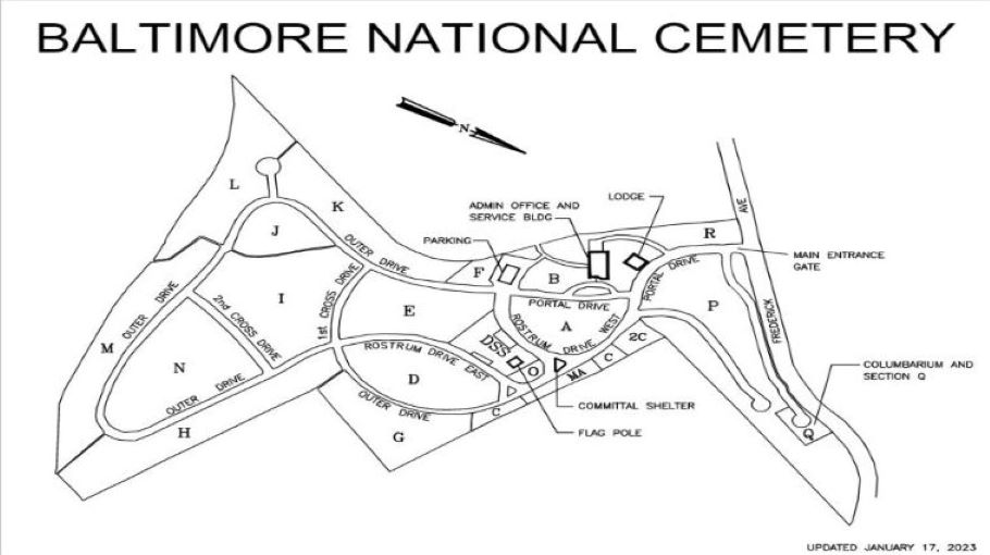 Map of Baltimore National Cemetery. Access Baltimore National Cemetery via Frederick Avenue. To locate the administration building, make a right turn at the first intersection near the entrance.