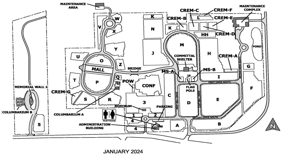 Map of Camp Butler National Cemetery. Camp Butler National Cemetery's entrance is on Camp Butler Road. Turn left on Second Drive South and the administration building is on the left.