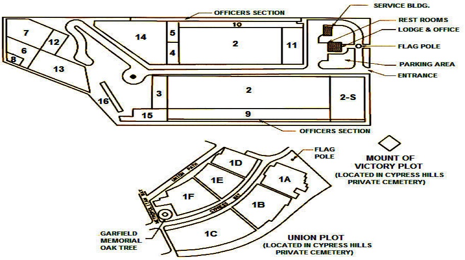 Map of Cypress Hills National Cemetery. The Cypress Hills National Cemetery entrance is right off Jamaica Road, on the south side of the cemetery complex, next to Salem Fields Cemetery. Upon entering, you will find the service building, restrooms, flag pole and parking area.