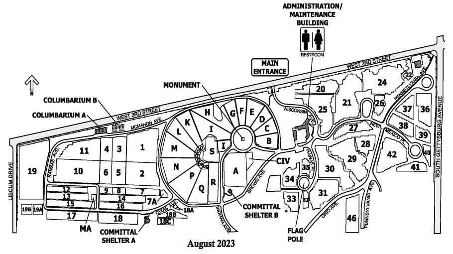 Map of Dayton National Cemetery. The main entrance to Dayton National Cemetery is accessed from West 3rd Street. Enter on Wisconsin Avenue and the Administration Building is on the right.