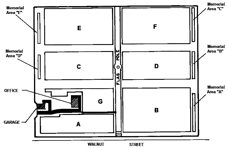 Map of Grafton National Cemetery. The entrance to Grafton National Cemetery is on Walnut Street. The office is on the left near section A and section G.