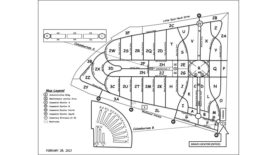 Long Island National Cemetery map. The entrance to the Long Island National Cemetery is on Wellwood Avenue to Main Portal Dr. From Wellwood Avenue turn onto Main Portal Dr. and the administrative building is on the right.