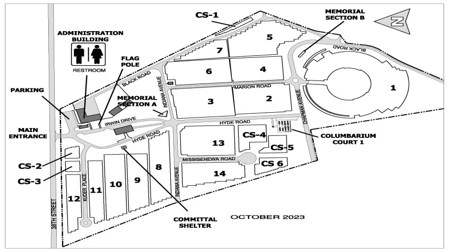 Map of Marion National Cemetery. The entrance to Marion National Cemetery is on 38th Street, with the administration building located to the left after entering.