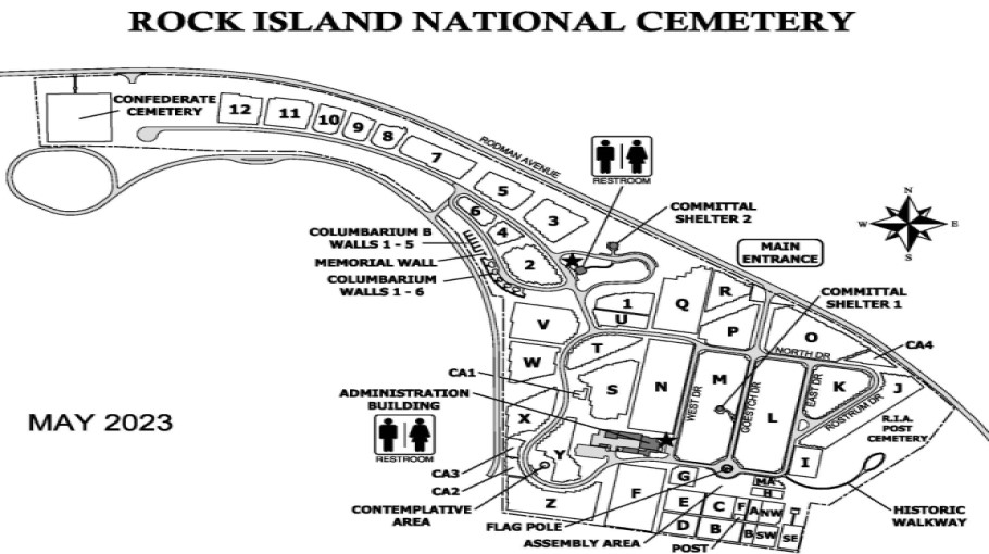 Map of Rock Island National Cemetery. The entrance to Rock Island National Cemetery is located on Rodman Avenue. Enter on Goestch Drive then turn right on North Drive then left on West Drive. The administration building is located on the right.