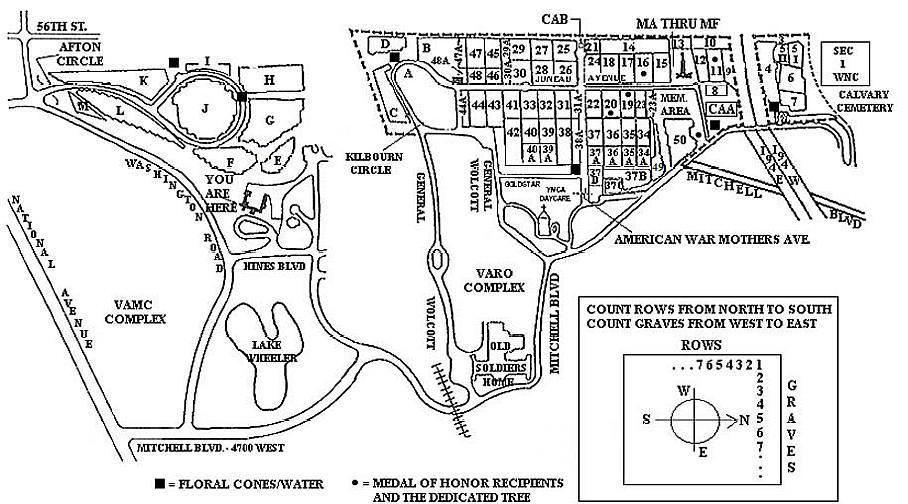 Map of Wood National Cemetery. The cemetery is co-located with the VA Medical Center and the VA Regional Office in Milwaukee. From Mitchell Boulevard turn onto Hines Boulevard (Lake Wheeler will be on your left). Keep left as Hines Boulevard curves and the administration office will be on your right.