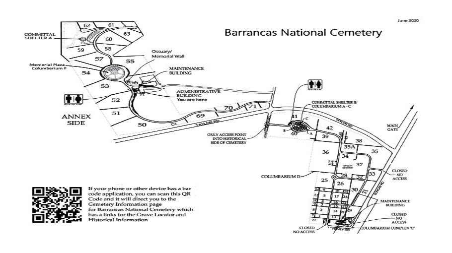 Map of Barrancas National Cemetery. The administrative building is located in the annex side of Barrancas National Cemetery. The entrance to the annex is on John Towers Road. After entering, you'll find the administrative building on the right.