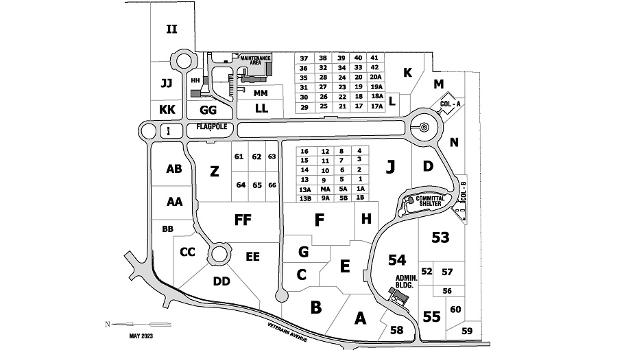 Map of Biloxi National Cemetery. Biloxi National Cemetery entrance is right off Veterans Avenue. The administration building is on the right after entering the cemetery.