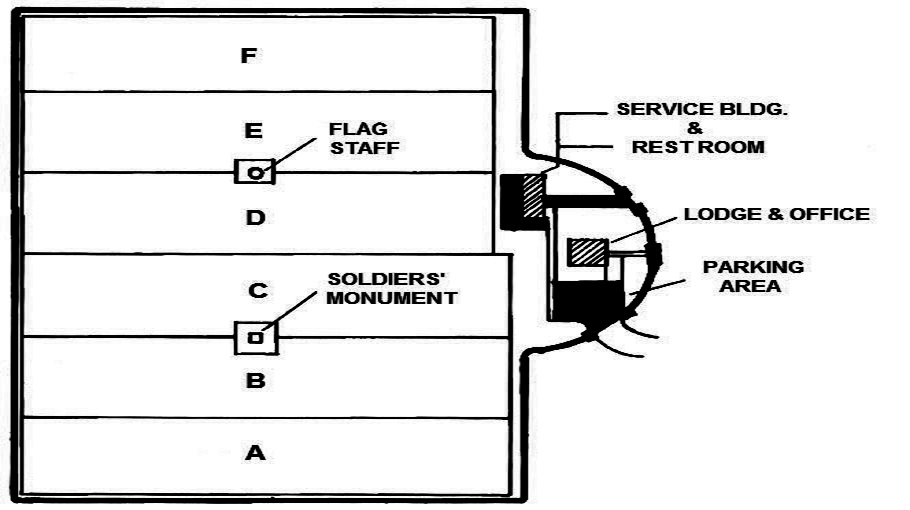 Map of City Point National Cemetery. Enter the City Point National Cemetery at the corner of 10th Ave and Davis St. The lodge, office, and parking area are immediately inside the gate. Burial sections are lettered A–F from south to north.