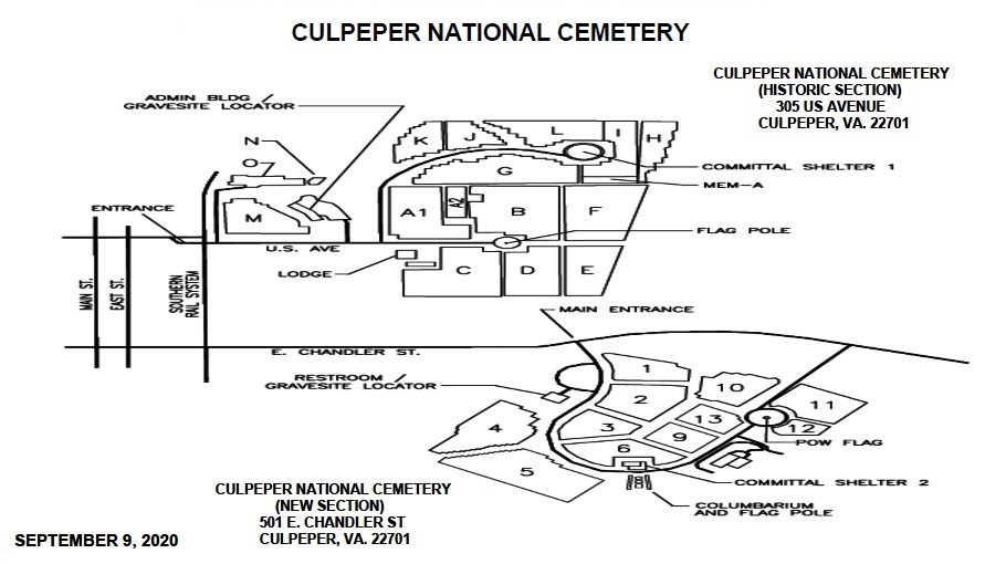 Map of Culpeper National Cemetery. The entrance to the historic section of Culpeper National Cemetery is on E. Stevens St., transitioning into U.S. Avenue. After entering the cemetery the administration building is on the left. The new section is located at 501 E. Chandler St. Upon entering the new section, the gravesite locator is on the right.
