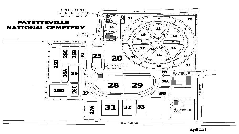 Map of Fayetteville National Cemetery. The entrance to Fayetteville National Cemetery is on Lt. Colonel Leroy Pond Avenue. The administration office is on the left after you enter, just before the roundabout.