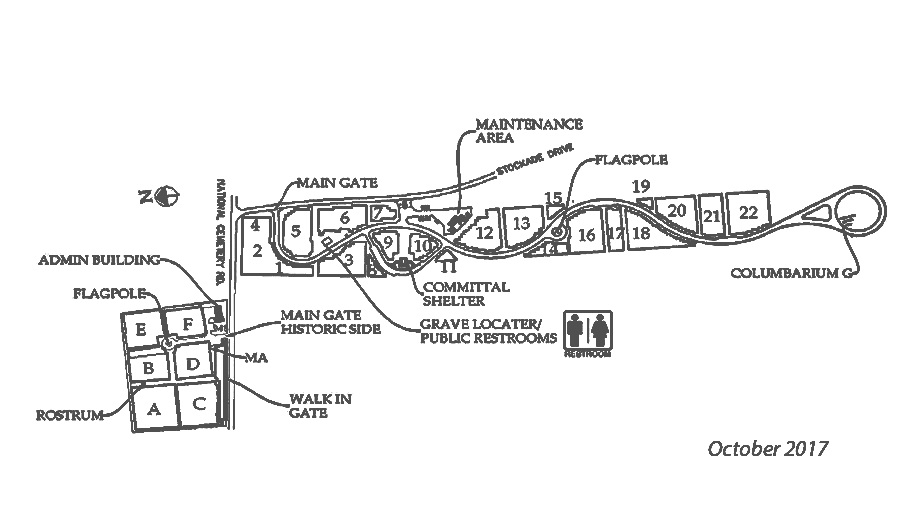 Map of Florence National Cemetery Annex and Florence National Cemetery. The Florence National Cemetery Annex has 22 burial sections and columbarium G is located on the far end. The Florence National Cemetery has 6 burial sections and the rostrum is located between sections A and B.