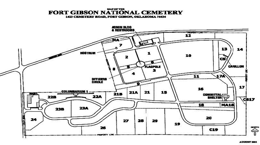 Map of Fort Gibson National Cemetery. Enter Fort Gibson National Cemetery via Cemetery Road, where the administration building can be found on the left.