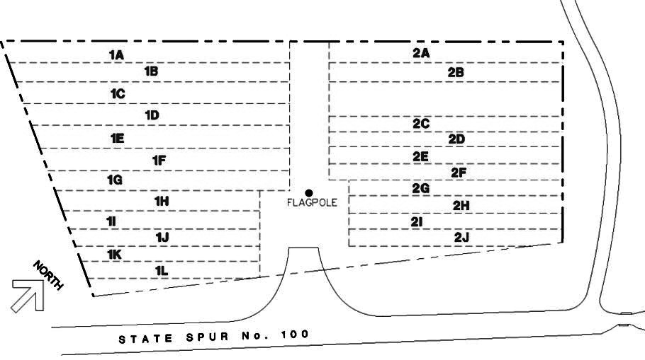 Map of Kerrville National Cemetery. The entrance to Kerrville National Cemetery is on State Spur No. 100. Burial sections 1A-1L are on the left and burial sections 2A-2J are on the right.