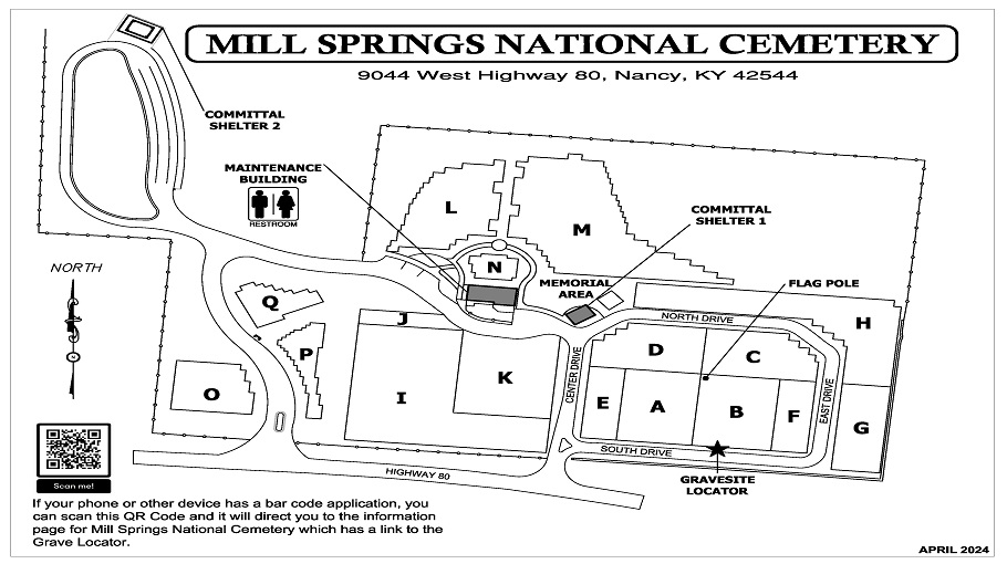 Map of Mill Springs National Cemetery. The entrance to Mill Springs National Cemetery is accessible from Highway 80 at Center Drive just West of Mill Springs Battlefield National Monument, Visitor Center and Museum. To reach the committal shelter, memorial area, and restrooms, follow Center Drive and go left at the Y. There is parking available immediately after passing the restrooms in the maintenance building on the right.