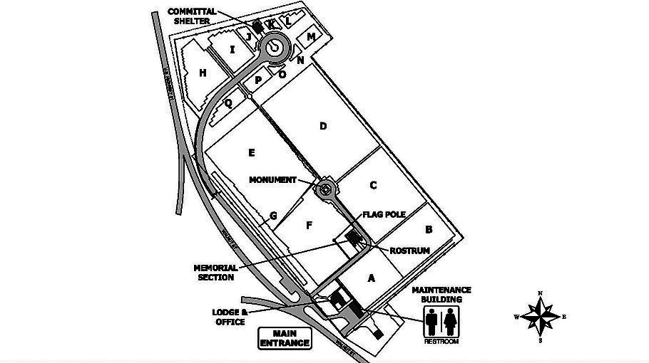 Map of Mound City National Cemetery. Enter the Mound City National Cemetery from Walnut St. After entering, the lodge and office are on the right. Continue past the office, and the rostrum and memorial section are on the left. To reach the committal shelter, turn left immediately before the gate then follow the road to the far end of the cemetery.