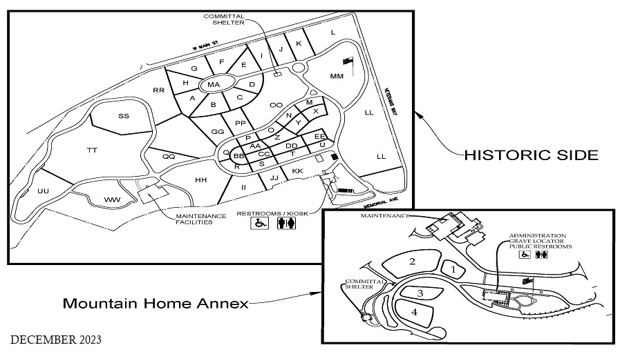 Map of Mountain Home National Cemetery. The entrance to Mountain Home National Cemetery is on Memorial Avenue. On the left is the information kiosk, adjacent to the restrooms. The administration building is located at the cemetery annex which is on Lake Drive W.