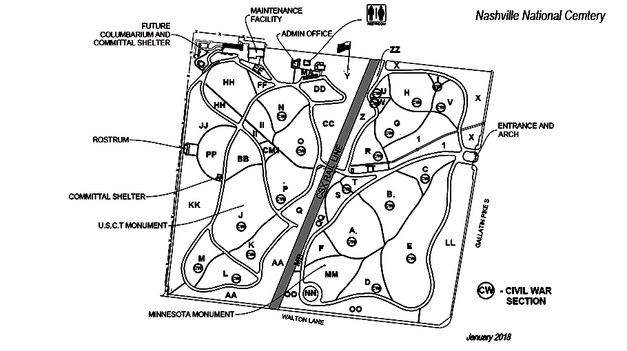 Map of Nashville National Cemetery. The entrance to Nashville National Cemetery is on Gallatin Pike S. The administration office is located on the northwest side of the cemetery.