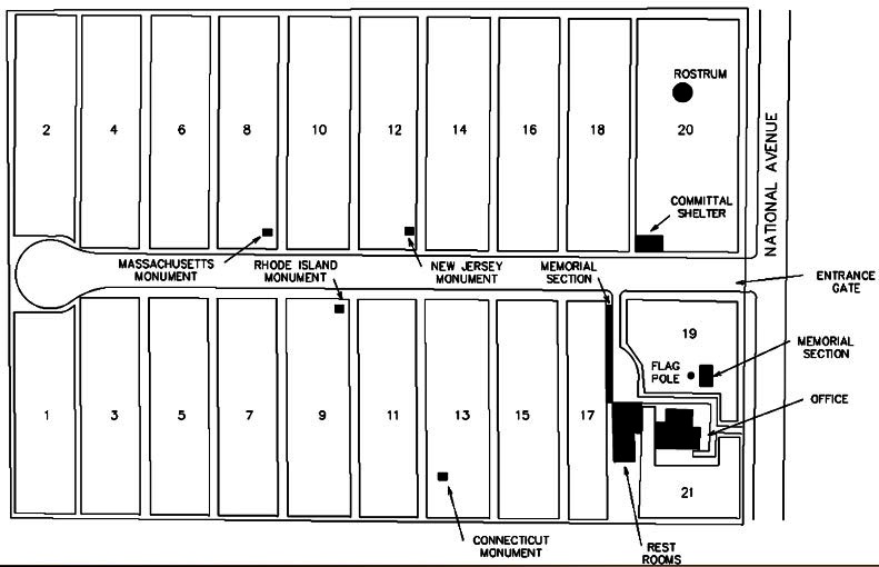 Map of New Bern National Cemetery. The entrance gate to the New Bern National Cemetery is on National Avenue. The office and odd-numbered burial sections are on the left and even-numbered burial sections are on the right.