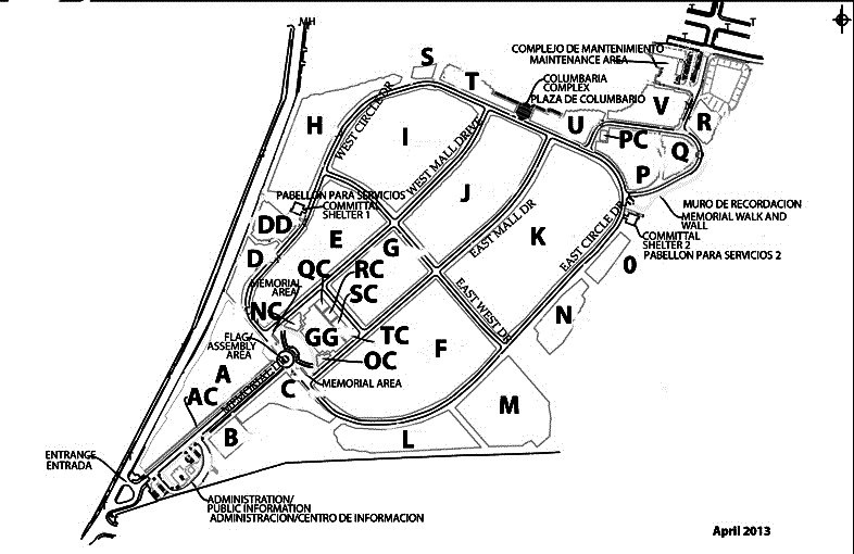 Map of Puerto Rico National Cemetery. The entrance to Puerto Rico National Cemetery is located off Avenida Cementerio Nacional, with the administration building situated to the right, near the entrance.