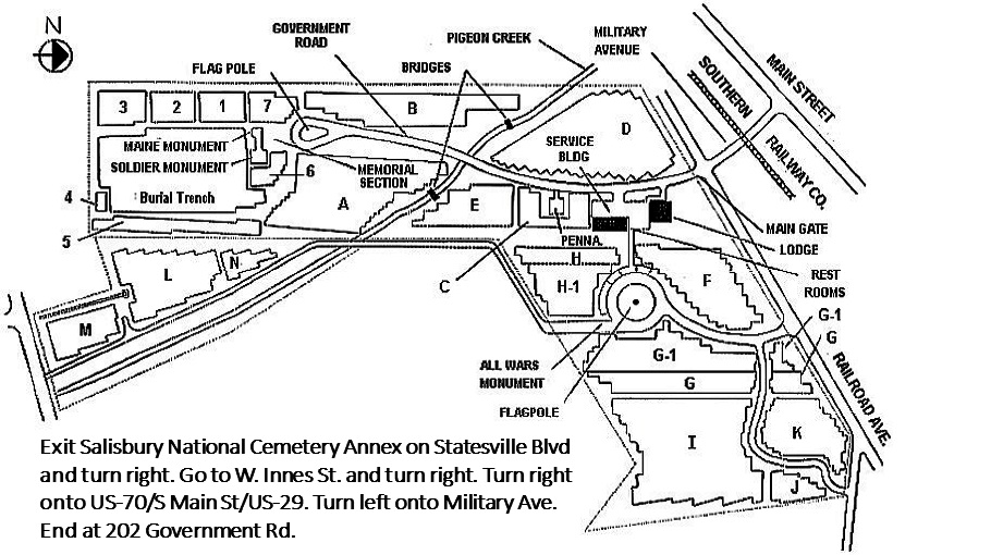 Map of Salisbury National Cemetery. The main entrance to Salisbury National Cemetery is located on 202 Government Road. Enter on Government Road and the Lodge and Service Building are located on the left.