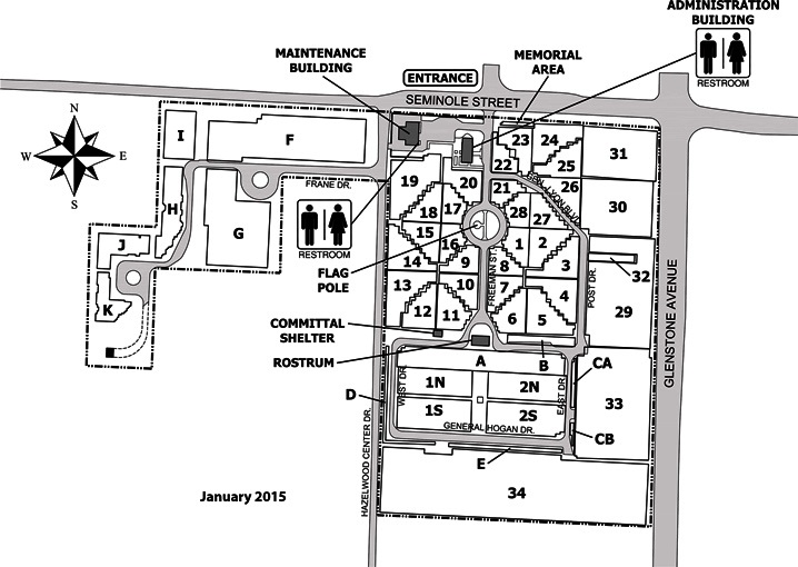Map of Springfield National Cemetery. Enter from Seminole Street onto Freeman Street and the administration building is near the entrance on the right.