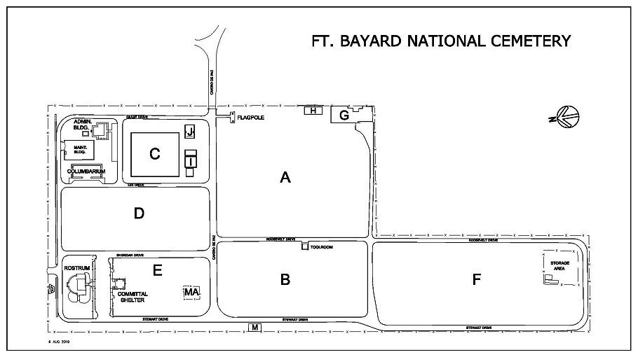 Map of Fort Bayard National Cemetery. Enter the Fort Bayard National Cemetery on Camino De Paz. Take the first right after the entrance and the administration building is on the corner of the next intersection. Take the second right after the entrance and the columbarium will be on the right. After entering, turn right at the third road then turn left and the committal shelter is on the left and the rostrum is on the right. Burial sections are lettered A–J.