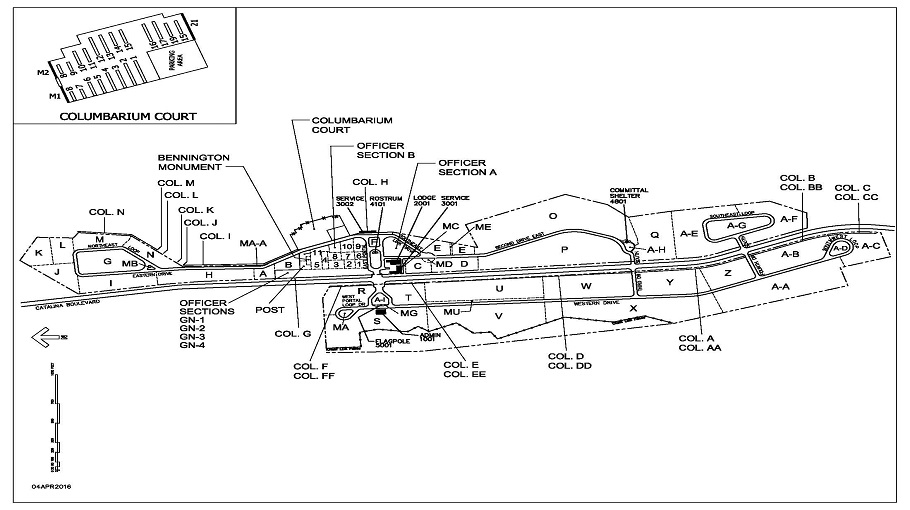 Fort Rosecrans National Cemetery map. The entrance to the Fort Rosecrans National Cemetery is on Catalina Boulevard which turns into Cabrillo Memorial Dr. The administrative building is on the right.