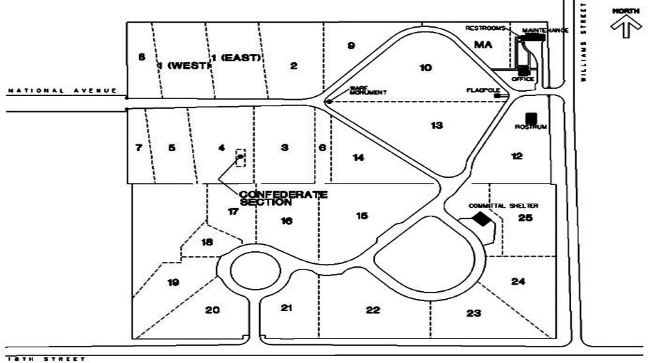 Map of Fort Scott National Cemetery. Enter the Fort Scott National Cemetery on National Avenue. After entering, turn right at the fork and then left. The office is located straight ahead, across the street from the flagpole. If entering from Williams Street, the office is located immediately on the right. From 18th Street, enter then turn right at the circle and right again. Continue on until you arrive at the office.