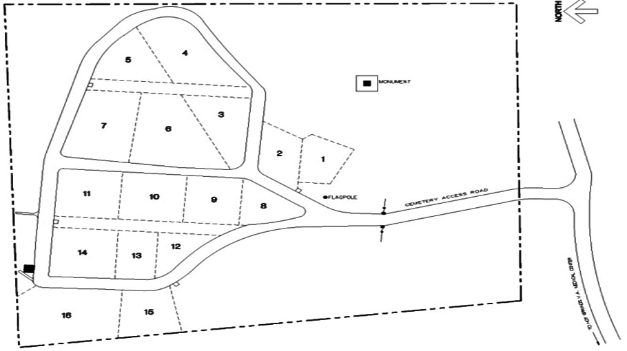 Map of Hot Springs National Cemetery. Enter the Hot Springs National Cemetery on Cemetery Access Rd. Burial sections are numbered 1–16.