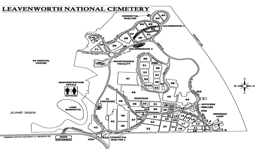 Map of Leavenworth National Cemetery. The primary entrance to Leavenworth National Cemetery is situated on Muncie Road. Once you enter on Entrance Drive, make a left turn onto Cemetery Road, and you'll find the administration office on the right side.