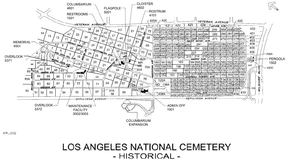 Map of Los Angeles National Cemetery. The Los Angeles National Cemetery entrance is off Sepulveda Boulevard and the Administration Office is on the left.