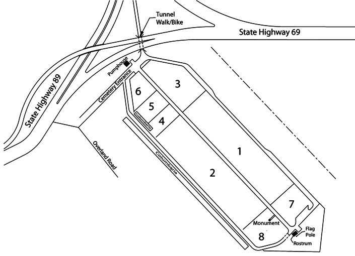 Map of Prescott National Cemetery. Access Prescott National Cemetery via Overland Road. Turn north at the intersection of Overland Road and Cactus Drive.