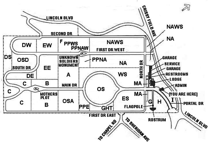 Map of San Francisco National Cemetery. The entrance to San Francisco National Cemetery is at the junction of Lincoln Boulevard and Sheridan Avenue. Proceed on Portal Drive; the administration building is situated to the right.