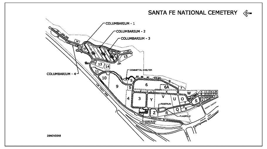 Map of Santa Fe National Cemetery. The Santa Fe National Cemetery is easily accessible from North Guadalupe Street, and the Administrative Building is situated on the left-hand side when entering the cemetery.