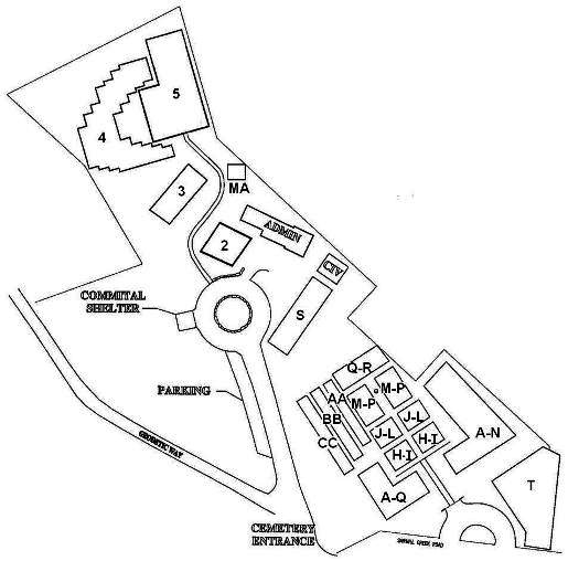 Map of Sitka National Cemetery. Enter the Sitka National Cemetery from Sawmill Creek Rd by turning onto Geodetic Way. Pass the parking area and the administration building is off the right side of the roundabout. The committal shelter is on the left side of the roundabout and burial sections 2–5 are beyond the roundabout. There are additional lettered burial sections on the south side of the cemetery as well as a walk-in entrance on Sawmill Creek Rd.