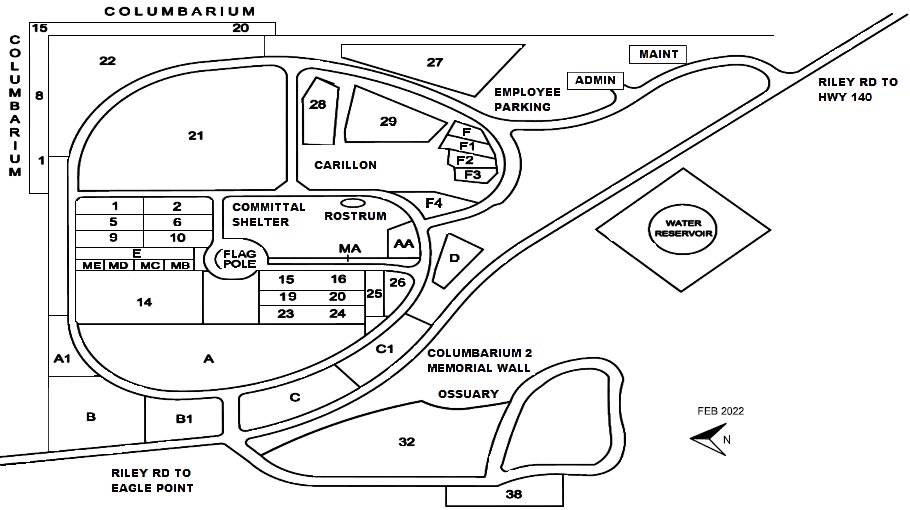 Map of Eagle Point National Cemetery. The main entrance to Eagle Point National Cemetery is located on Riley Road at the south end of the cemetery. The administration building is positioned on the right between employee parking and the maintenance building.