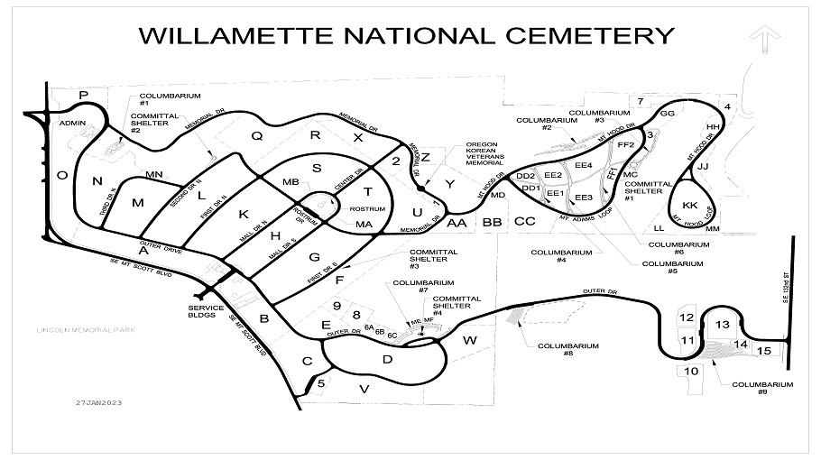 Willamette National Cemetery map. The entrance to Willimette National Cemetery is on SE Mt. Scott Blvd. Enter SE Mt. Scott Blvd. going straight onto Outer Drive. When you come to a Y, stay stay to the right and the administrative building is on the right.