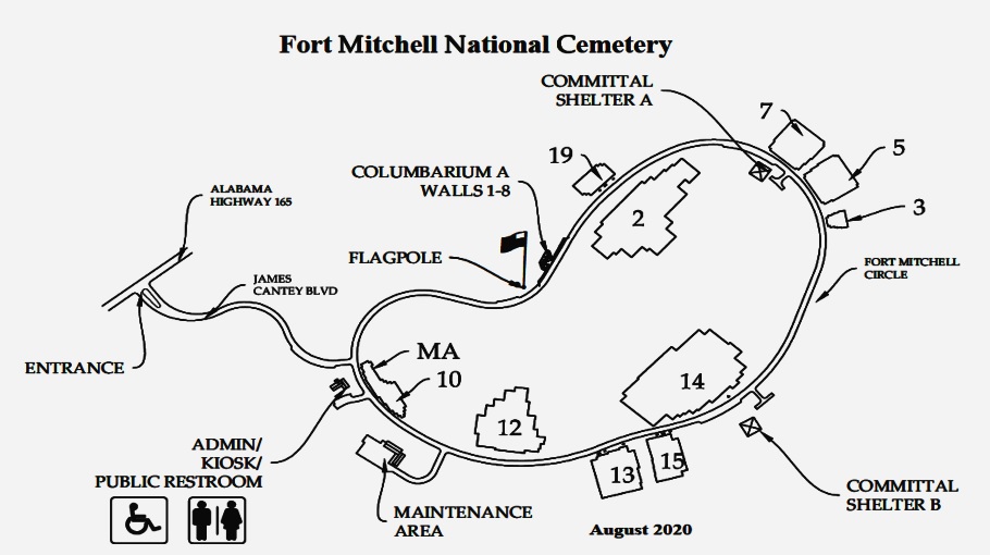 Fort Mitchell National Cemetery map. The entrance to the Fort Mitchell National Cemetery is on Alabama Highway 165. Enter James Cantey Boulevard and the administration building is on the right.
