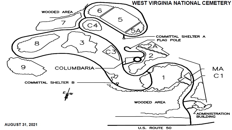 Map of West Virginia National Cemetery. Enter the cemetery from U.S. Route 50 and the administration building is on the right.