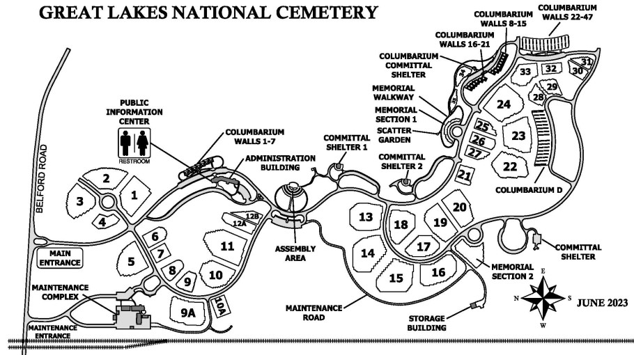 Map of Great Lakes National Cemetery. Visitors can find the Public Information Center and Administration Building beyond the main entrance of the Great Lakes National Cemetery.