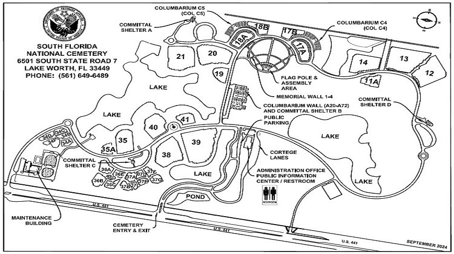 South Florida National Cemetery map. The entrance to the South Florida National Cemetery is on S. State Road 7.  From S. State Road 7 turn through the main entrance and the administrative building is on the right.