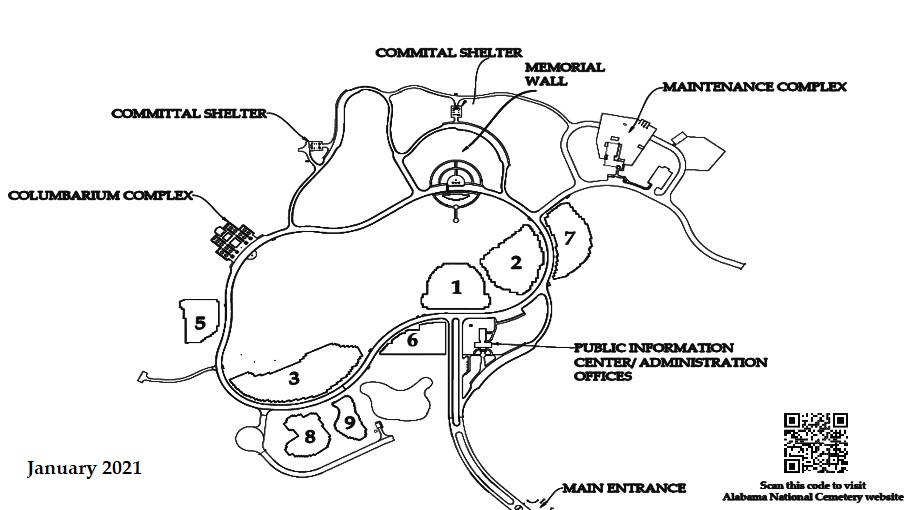 Map of Alabama National Cemetery. Visitors can find the public information center on the right as they enter from Montevallo Road. Turn right at the public information center and the memorial wall will be on the right. Turn right before the memorial wall and a committal shelter is on the right. To reach the columbarium complex, turn left at the public information center and it will be on the left. Turn left after the columbarium complex and another committal shelter is on the left.