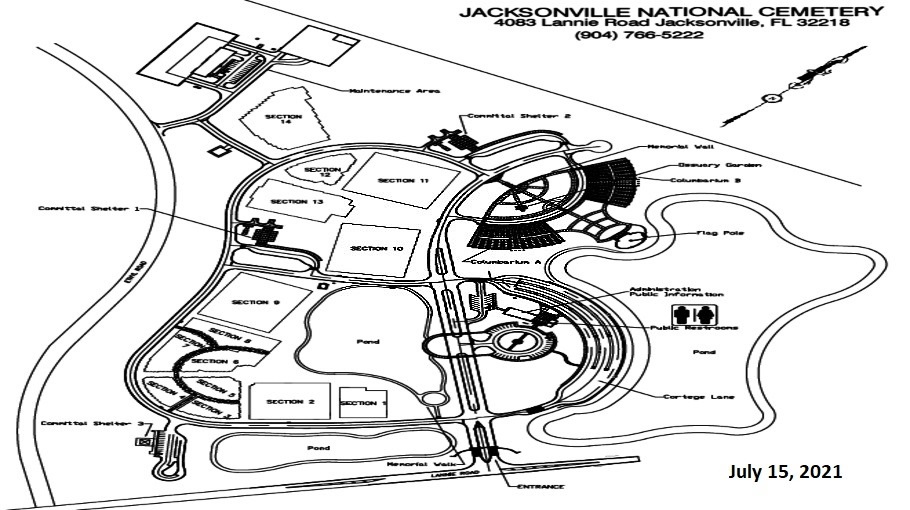 Map of Jacksonville National Cemetery. The Jacksonville National Cemetery entrance is off Lannie Road and the Administration / Public Information Building is on the right.