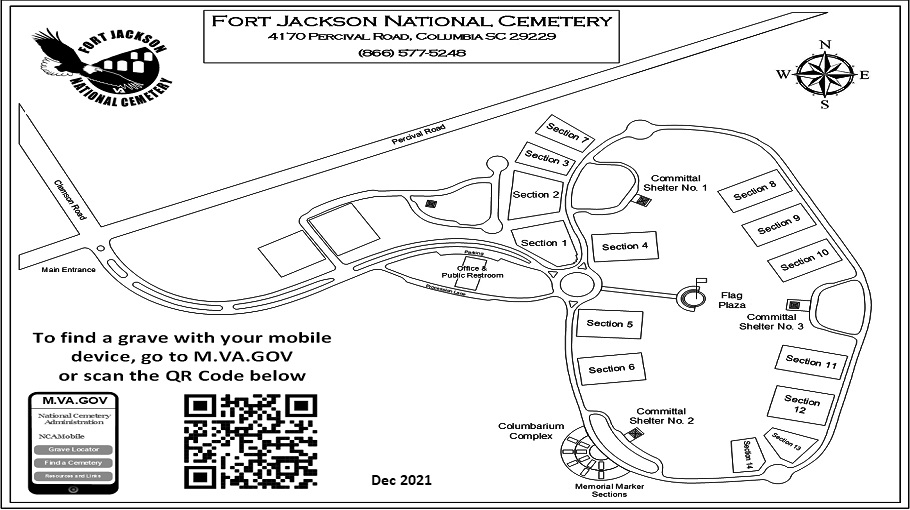 Map of Fort Jackson National Cemetery. The main entrance to Fort Jackson National Cemetery is off Percival Road, with the office located on the right after entering.