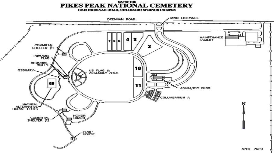 Map of Pikes Peak National Cemetery. The main entrance to Pikes Peak National Cemetery is accessible from Drennan Road, with the Administration and Public Information Building located on the right side.