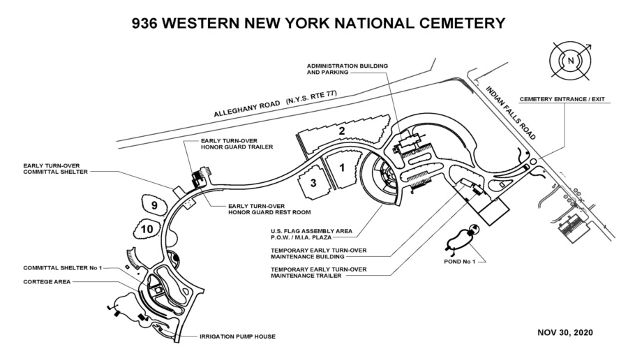 Map of Western New York National Cemetery. Western New York National Cemetery's main entrance is on Indian Falls Road. After entering the cemetery the administration building is on the right.