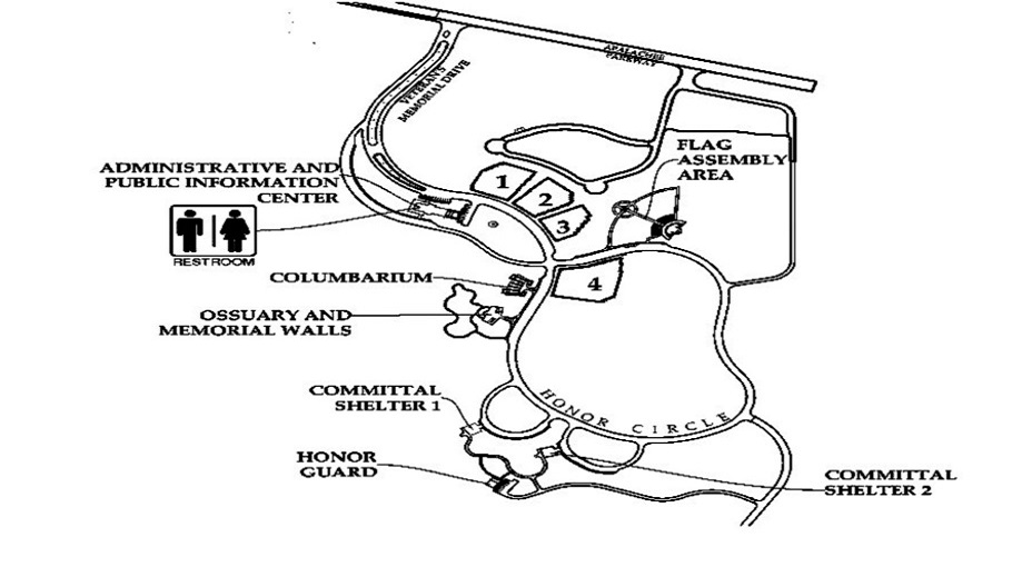 Map of Tallahassee National Cemetery. Tallahassee National Cemetery entrance is right off Apalachee Parkway. The administrative and public information center is on the right.