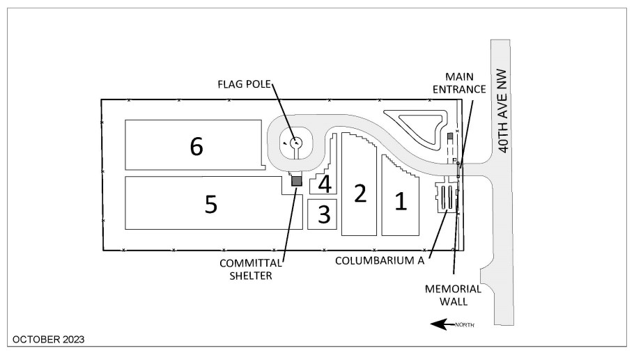 Map of Fargo National Cemetery. The main entrance to Fargo National Cemetery is located on 40th Ave. N. The memorial wall and columbarium are on the left after entering, followed by sections 1-6. The committal shelter is across from the flag pole.